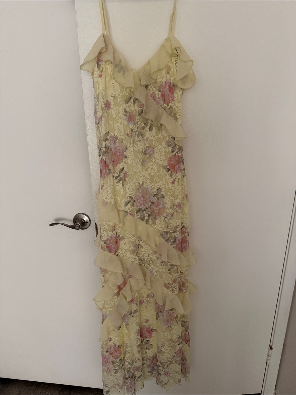 Cider Pale Yellow Floral Lace Ruffle Maxi Dress